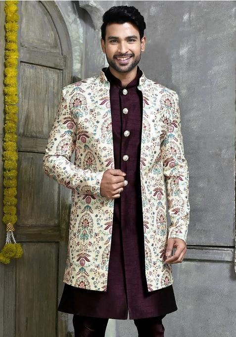 Multi Embroidered Slub Indo Western Sherwani With Jacket For Men