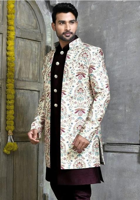 Multi Embroidered Slub Indo Western Sherwani With Jacket For Men