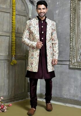 Multi Embroidered Slub Indo Western Sherwani Set For Men