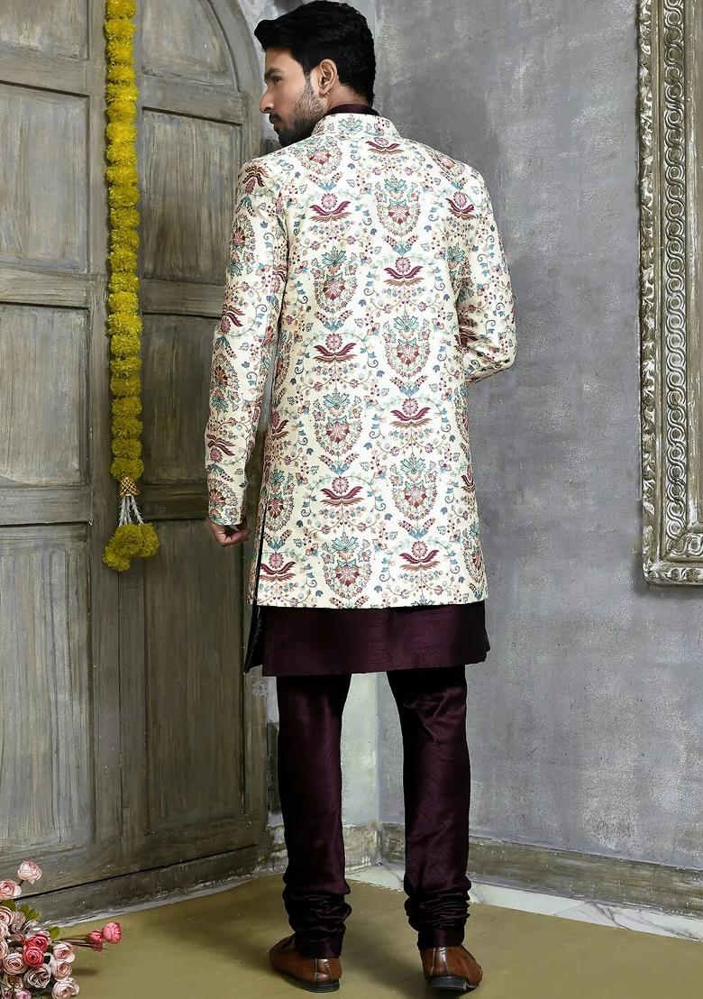 Multi Embroidered Slub Indo Western Sherwani Set For Men