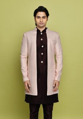 Pink Embroidered Polyester Indo Western Sherwani Set For Men