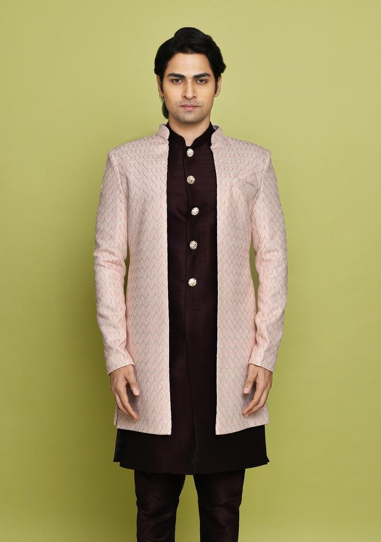 Pink Embroidered Polyester Indo Western Sherwani Set For Men