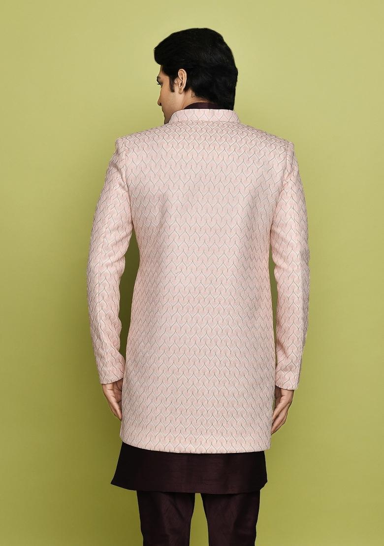 Pink Embroidered Polyester Indo Western Sherwani Set For Men