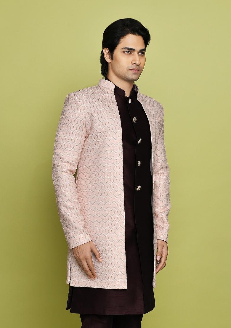 Pink Embroidered Polyester Indo Western Sherwani Set For Men