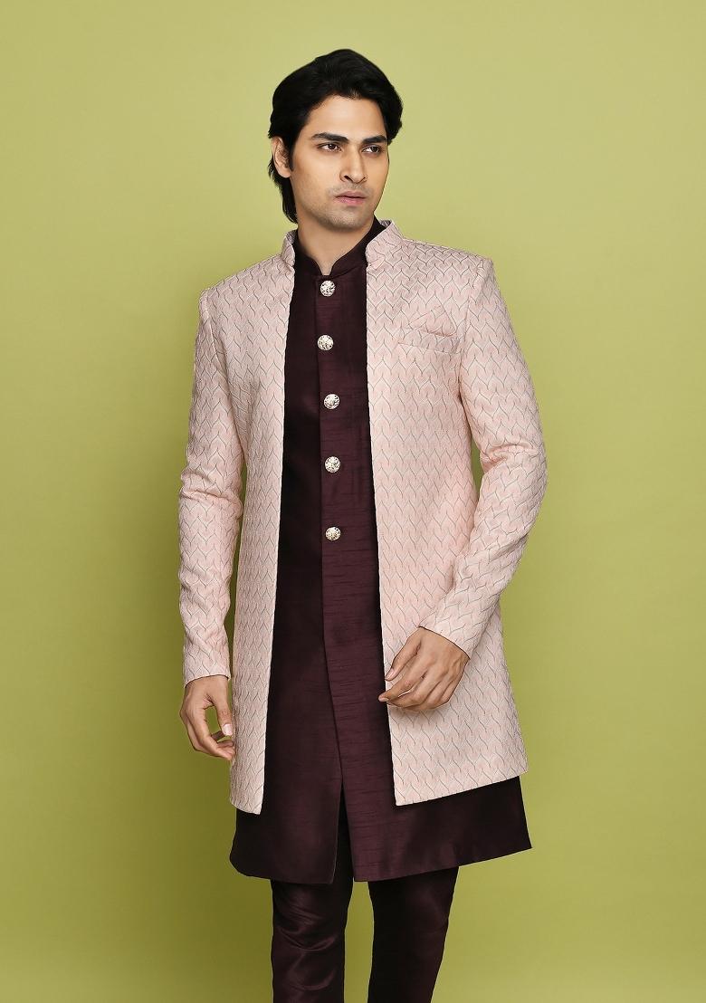 Pink Embroidered Polyester Indo Western Sherwani Set For Men