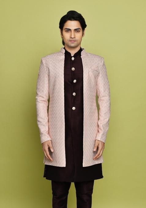 Pink Embroidered Polyester Indo Western Sherwani Set For Men