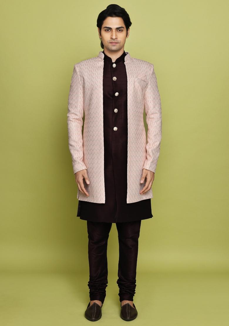 Pink Embroidered Polyester Indo Western Sherwani Set For Men