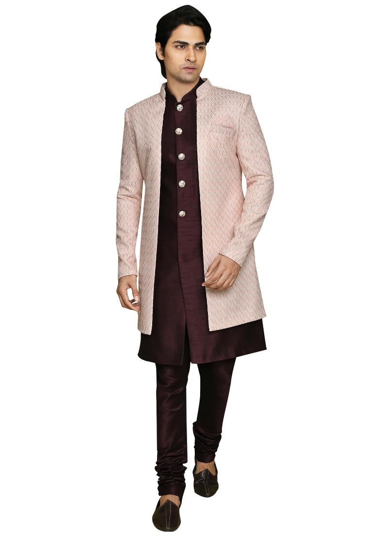 Pink Embroidered Polyester Indo Western Sherwani Set For Men