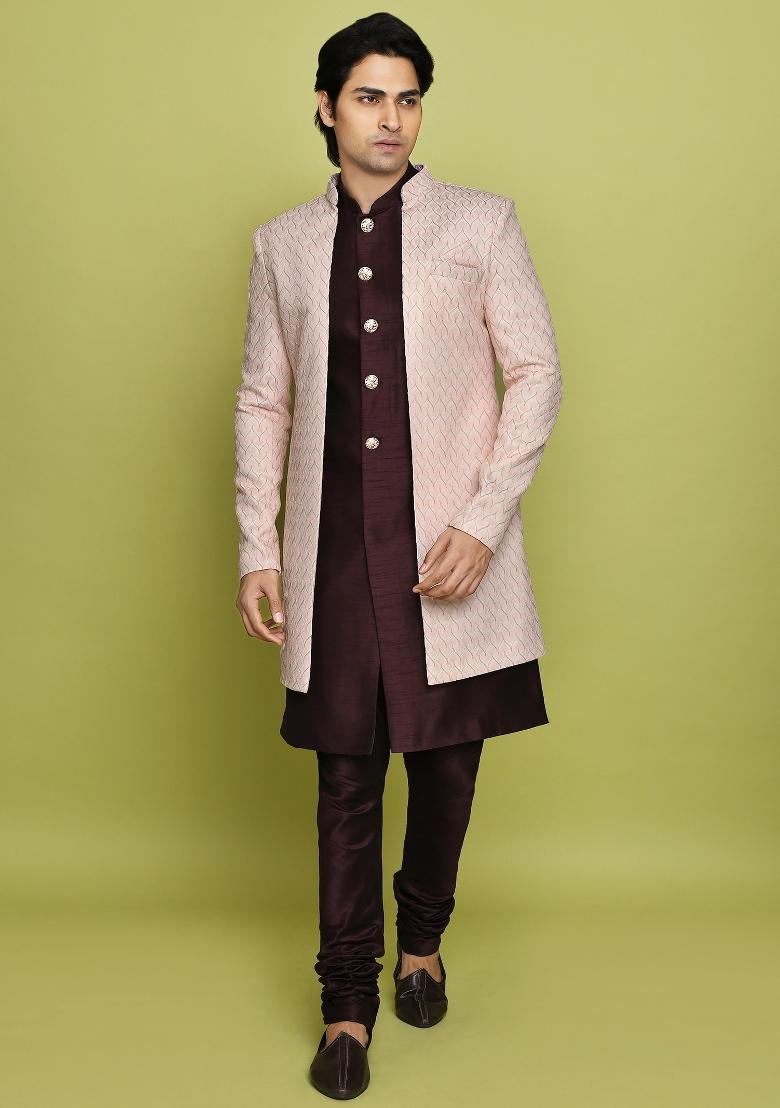 Pink Embroidered Polyester Indo Western Sherwani Set For Men