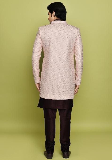 Pink Embroidered Polyester Indo Western Sherwani Set For Men