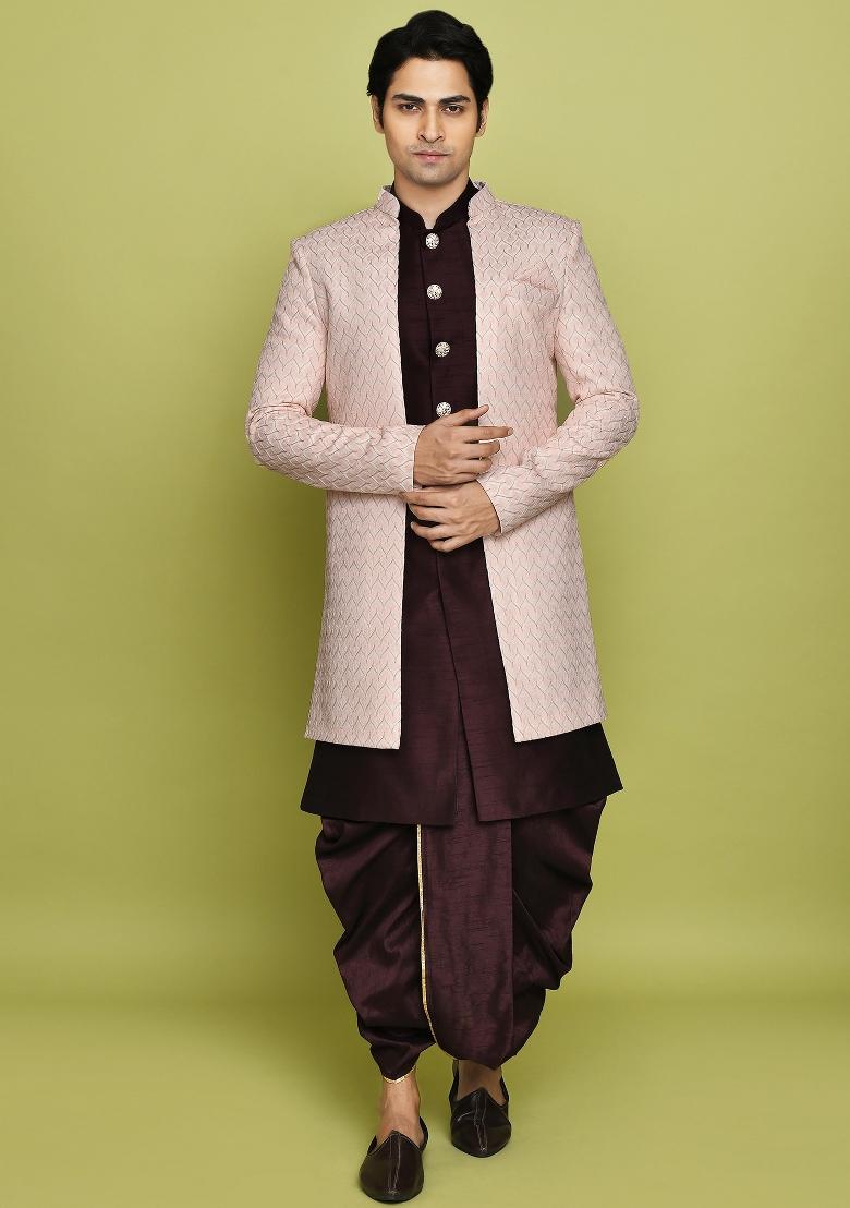 Pink Embroidered Polyester Indo Western Sherwani Set For Men