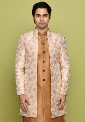 Peach Embroidered Jacquard Indo Western Sherwani For Men