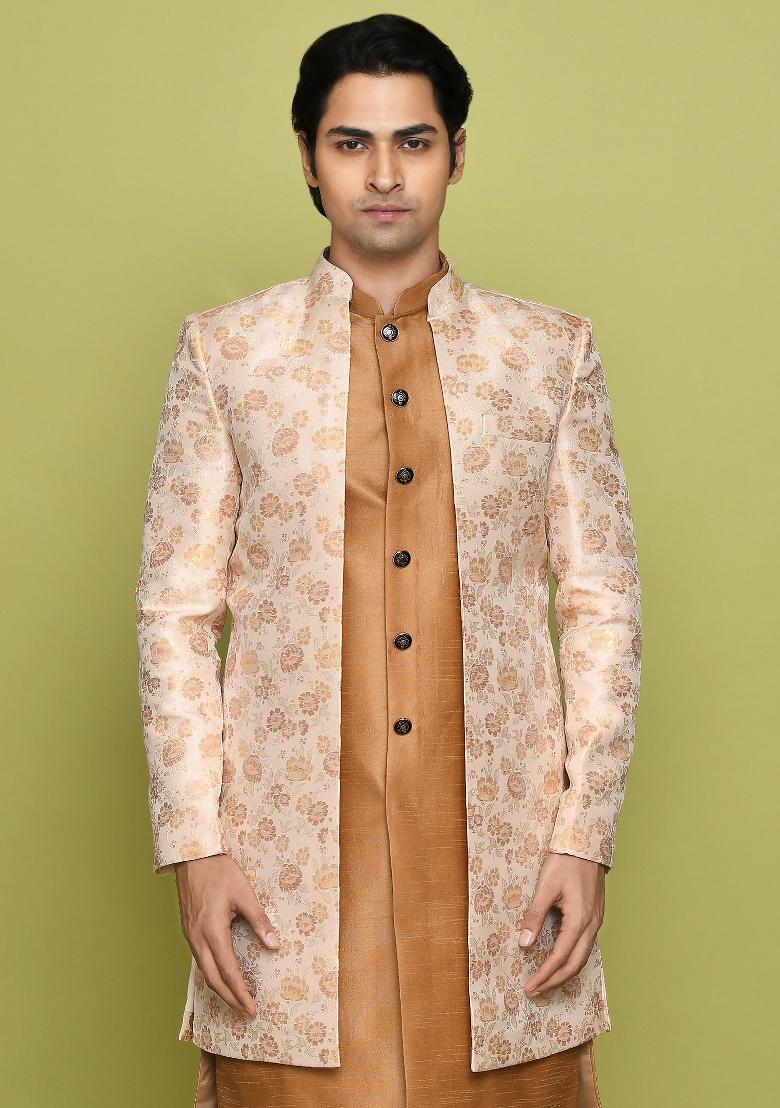 Peach Embroidered Jacquard Indo Western Sherwani For Men