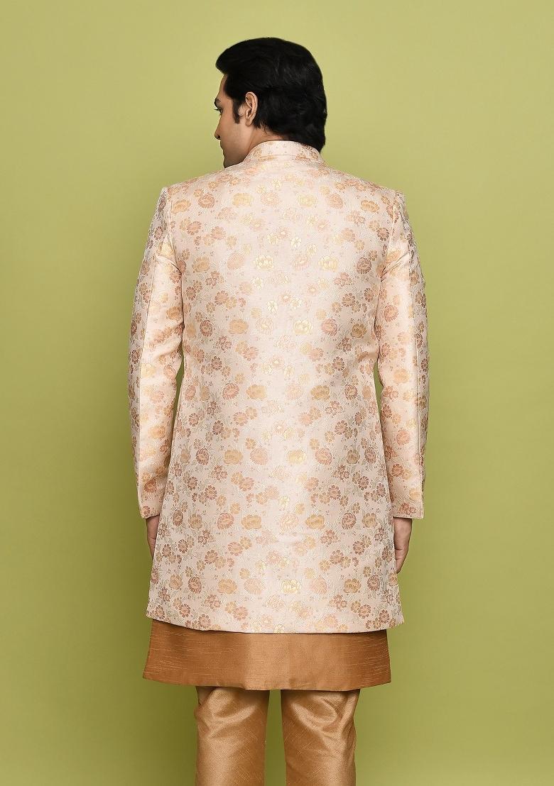Peach Embroidered Jacquard Indo Western Sherwani For Men