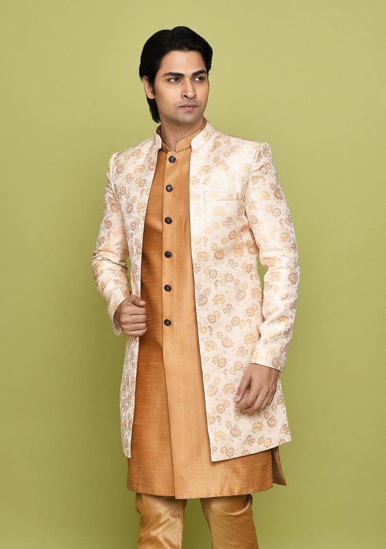 Peach Embroidered Jacquard Indo Western Sherwani For Men