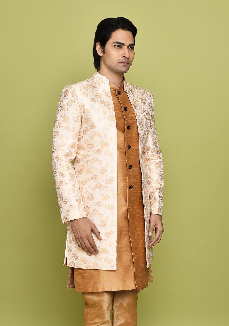 Peach Embroidered Jacquard Indo Western Sherwani For Men