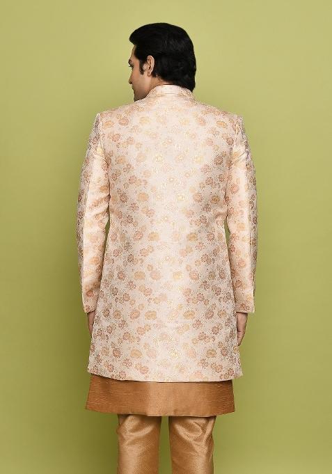 Peach Embroidered Jacquard Indo Western Sherwani For Men