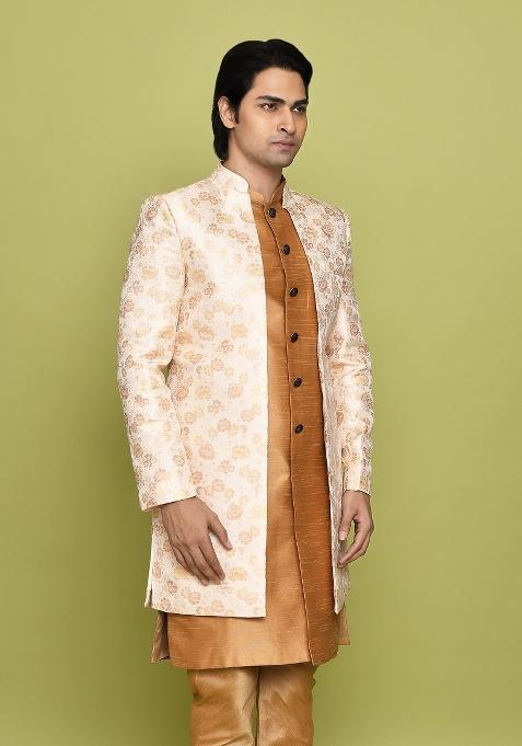 Peach Embroidered Jacquard Indo Western Sherwani For Men