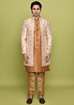 Peach Embroidered Jacquard Indo Western Sherwani Set For Men