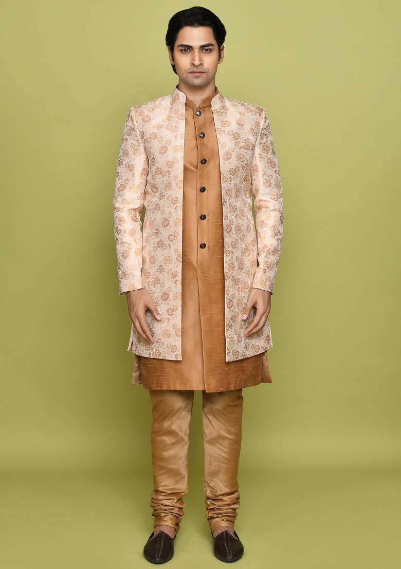 Peach Embroidered Jacquard Indo Western Sherwani Set For Men - Indya