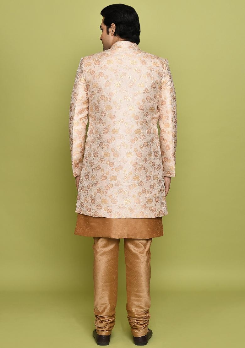 Peach Embroidered Jacquard Indo Western Sherwani Set For Men