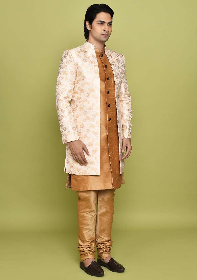 Peach Embroidered Jacquard Indo Western Sherwani Set For Men - Indya