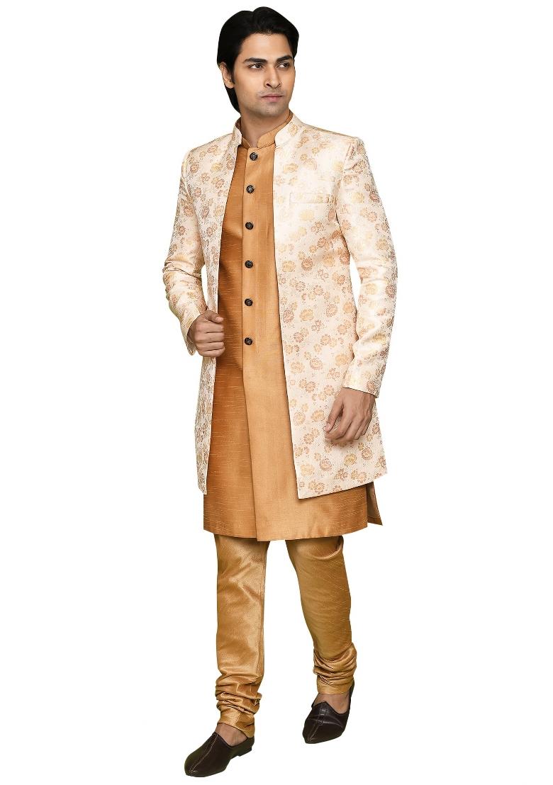 Peach Embroidered Jacquard Indo Western Sherwani Set For Men