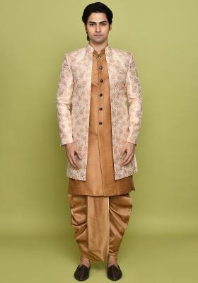 Peach Embroidered Jacquard Indo Western Sherwani Set For Men