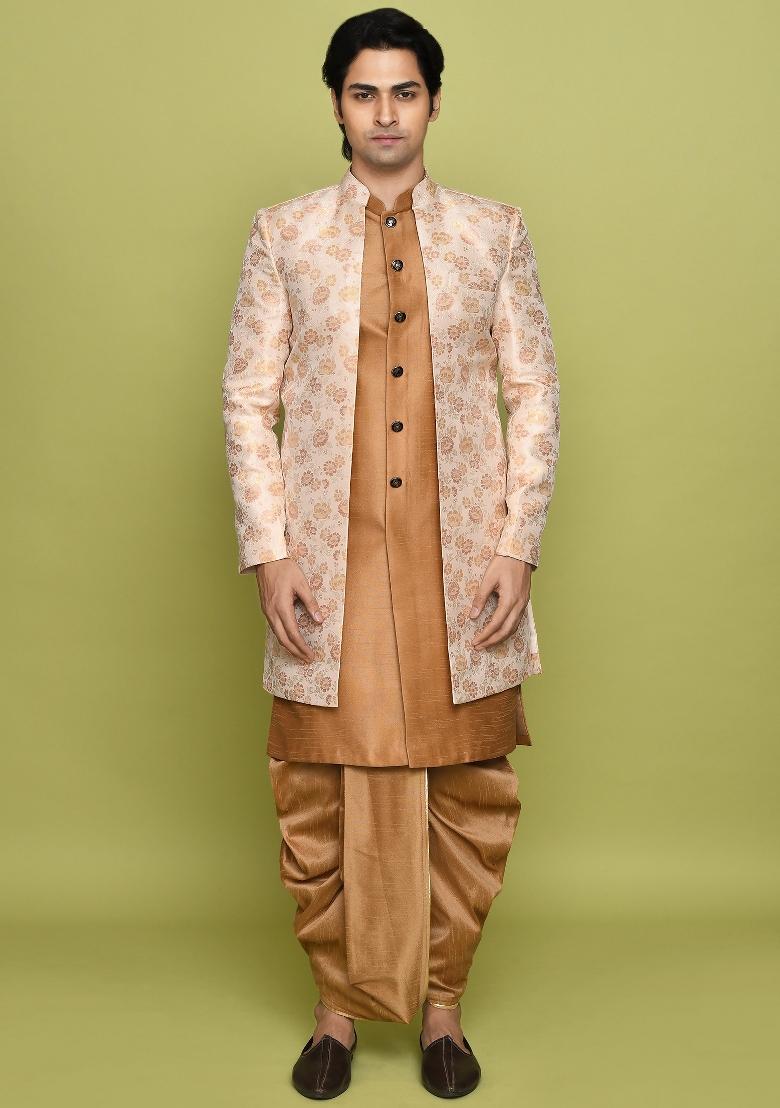 Peach Embroidered Jacquard Indo Western Sherwani Set For Men