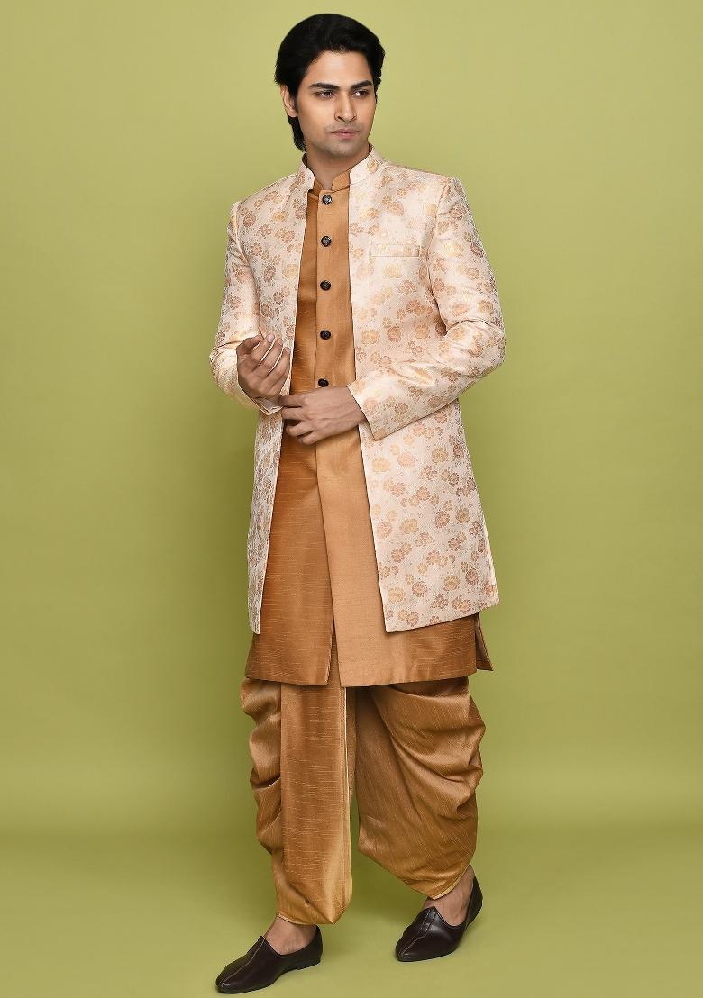 Peach Embroidered Jacquard Indo Western Sherwani Set For Men