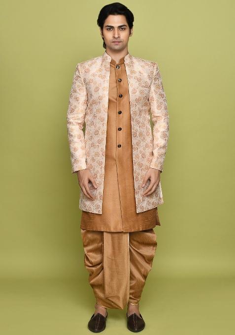 Peach Embroidered Jacquard Indo Western Sherwani Set For Men