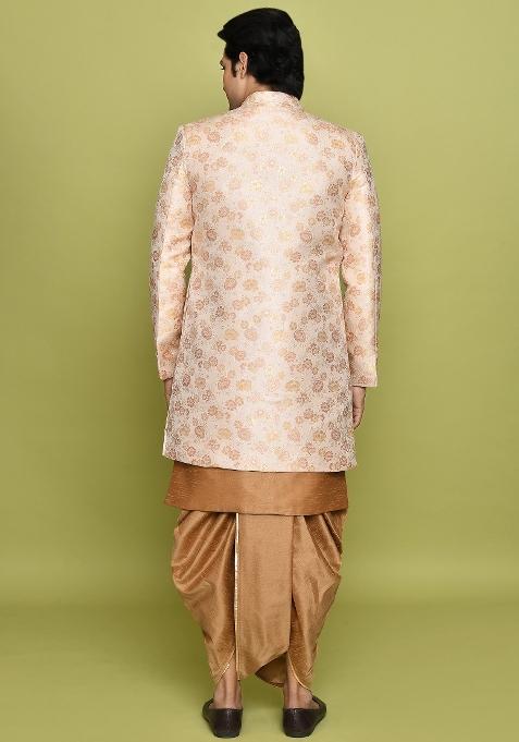 Peach Embroidered Jacquard Indo Western Sherwani Set For Men