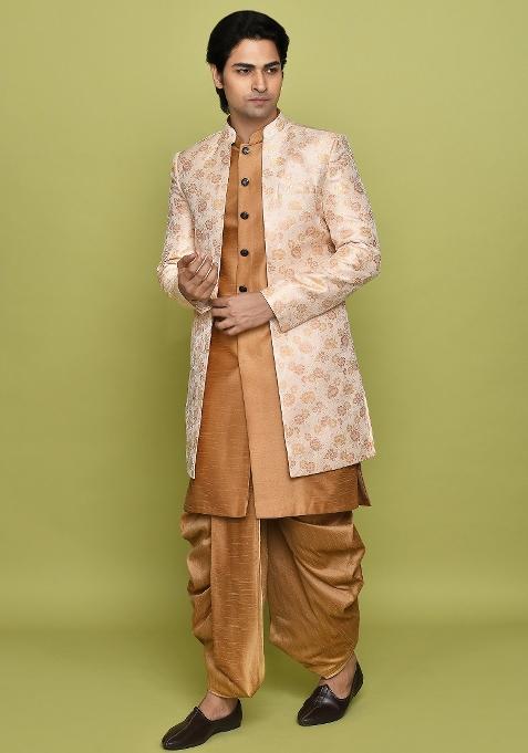 Peach Embroidered Jacquard Indo Western Sherwani Set For Men