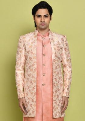 Pink Embroidered Jacquard Indo Western Sherwani Set For Men