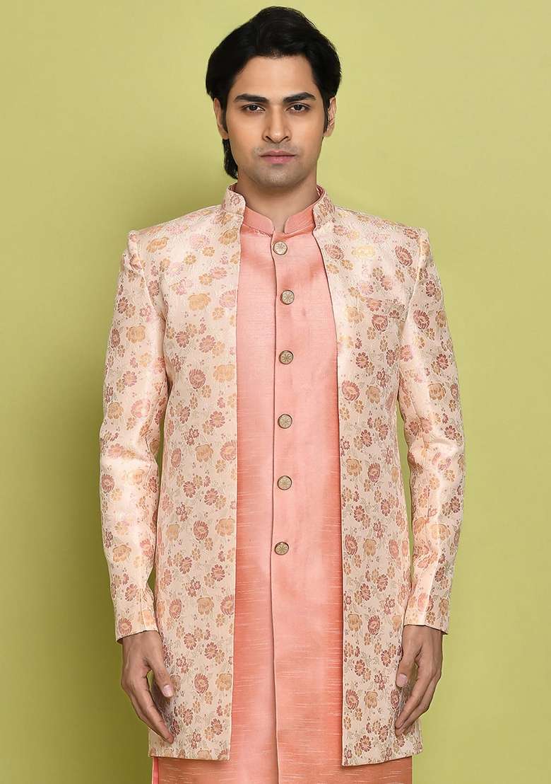 Pink Embroidered Jacquard Indo Western Sherwani Set For Men - Indya