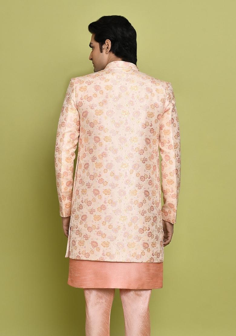Pink Embroidered Jacquard Indo Western Sherwani Set For Men