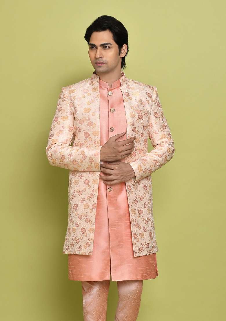 Pink Embroidered Jacquard Indo Western Sherwani Set For Men - Indya