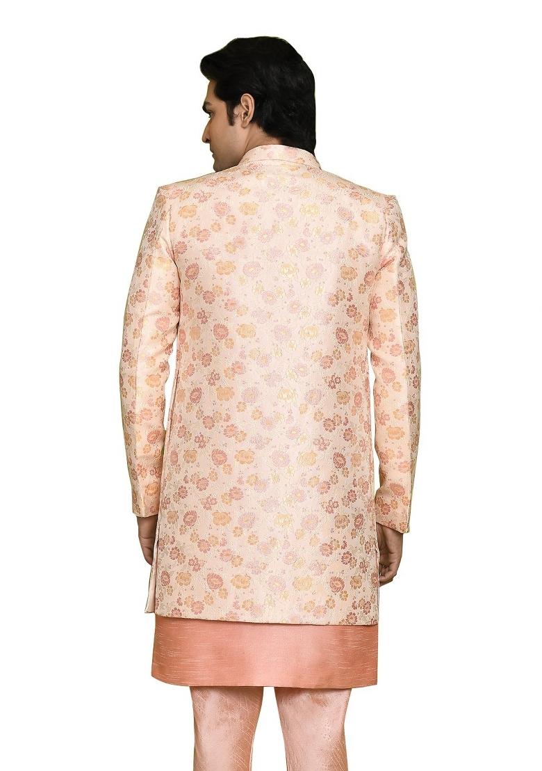 Pink Embroidered Jacquard Indo Western Sherwani Set For Men
