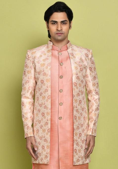Pink Embroidered Jacquard Indo Western Sherwani Set For Men — view on Indya