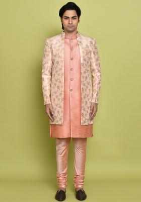 Pink Embroidered Jacquard Indo Western Sherwani Set For Men