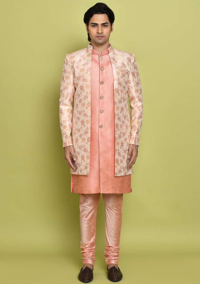 Pink Embroidered Jacquard Indo Western Sherwani Set For Men - Indya