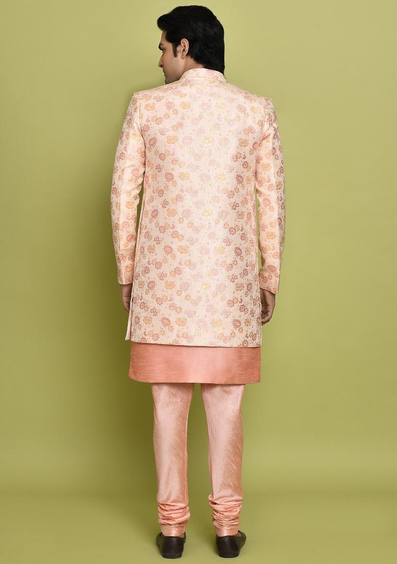 Pink Embroidered Jacquard Indo Western Sherwani Set For Men