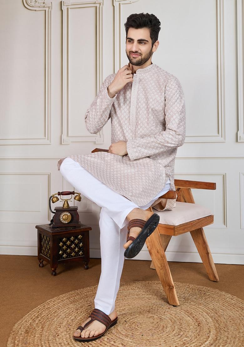 Beige Sequin Embroidered Cotton Kurta For Men