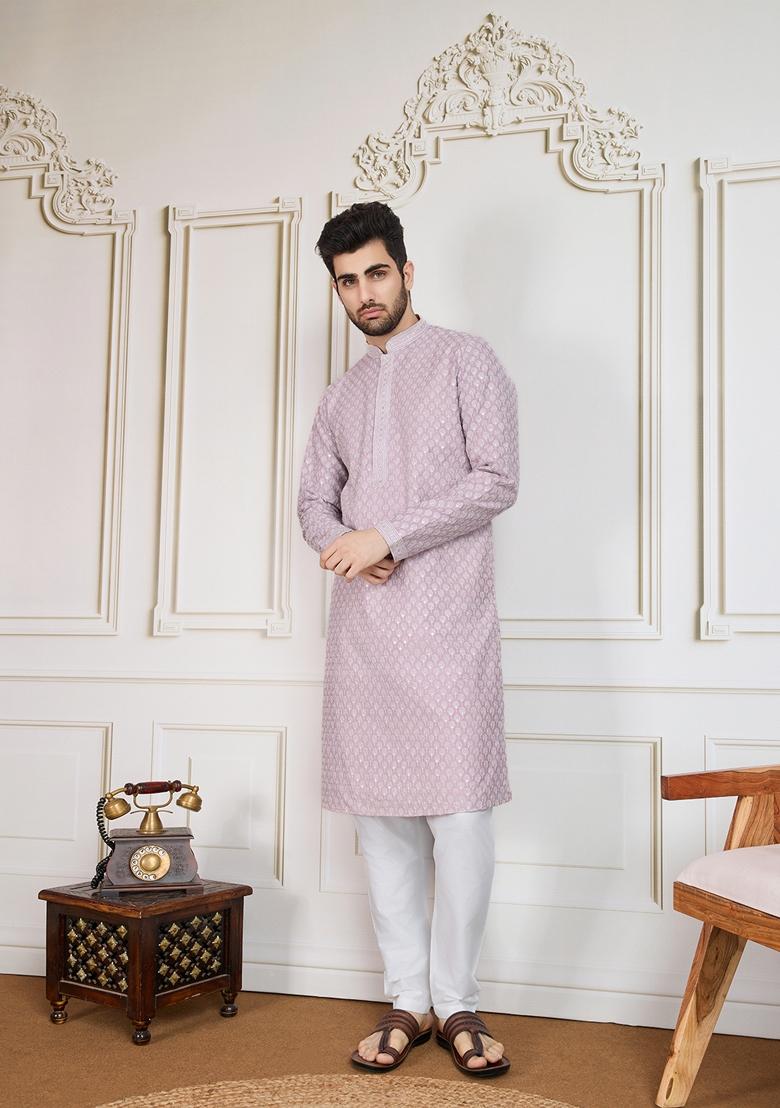 Mauve Blue Sequin Embroidered Cotton Kurta For Men