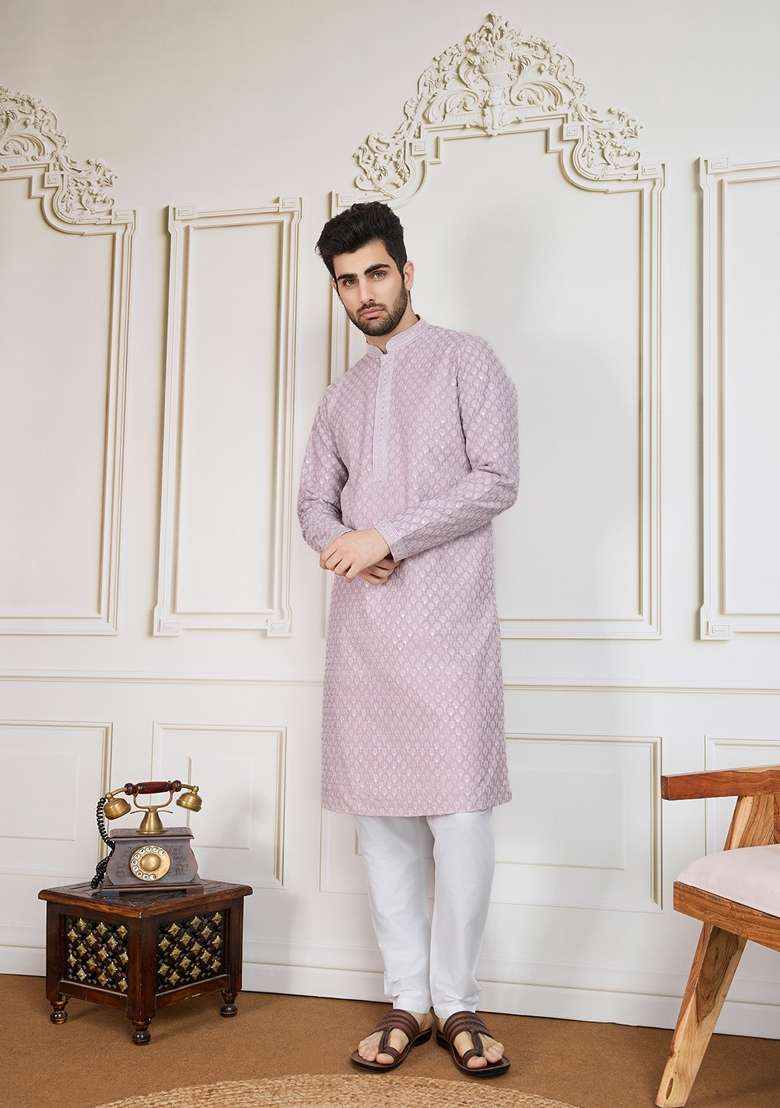 Mauve Blue Sequin Embroidered Cotton Kurta For Men - Indya