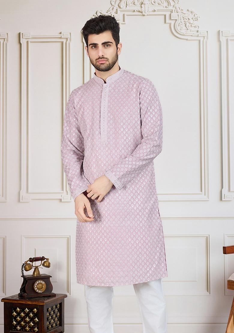 Mauve Blue Sequin Embroidered Cotton Kurta For Men