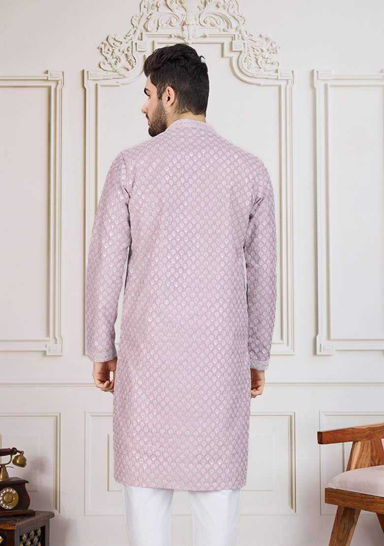 Mauve Blue Sequin Embroidered Cotton Kurta For Men - Indya