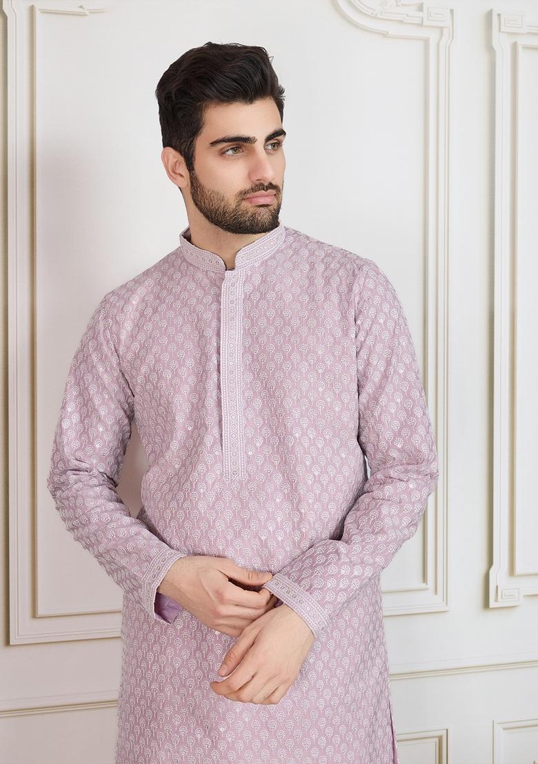 Mauve Blue Sequin Embroidered Cotton Kurta For Men