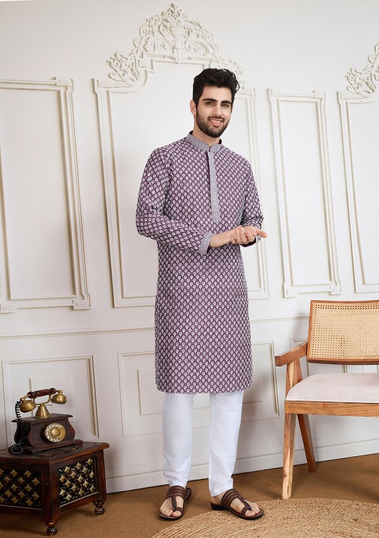 Purple Sequin Embroidered Cotton Kurta For Men
