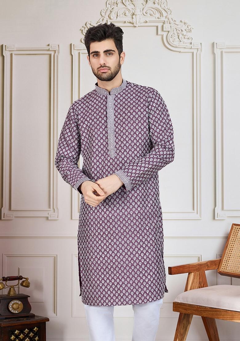 Purple Sequin Embroidered Cotton Kurta For Men
